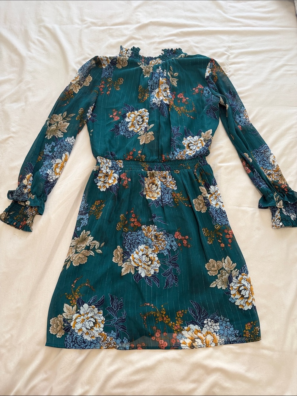 Teal Floral Long-Sleeve Smocked Waist Dress